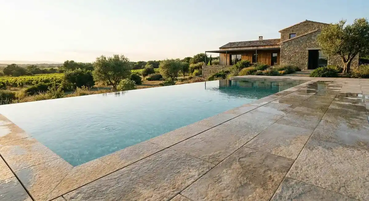 Piscine béton sur mesure avec margelles en pierre naturelle réalisée par Robert Gil dans l'Hérault
