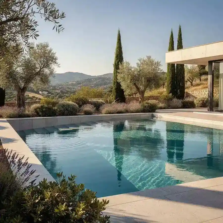 Piscine rectangulaire à débordement avec escalier — construction béton Hérault